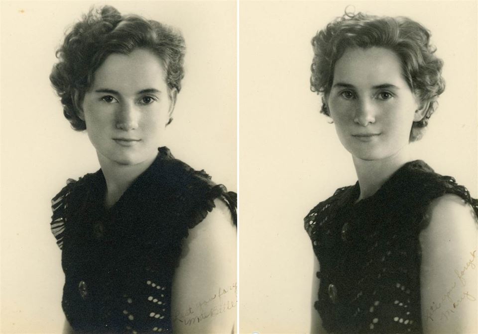 Es scheinen zwei Fotos der gleichen Frau zu sein, aber sieh dir einmal an, wer 100 Jahre später neben ihr sitzt!