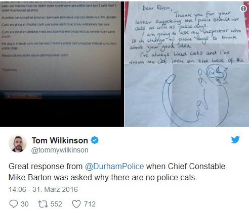 Die 5-Jährige will wissen, warum es keine Polizei-Katzen gibt. Der Antwort-Brief der Polizei ist einfach zum Schießen!