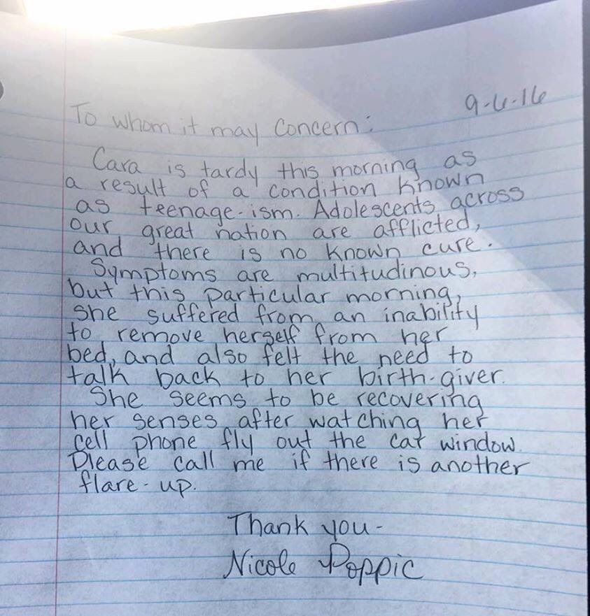 Mutter schreibt fauler Tochter Entschuldigungs-Brief.