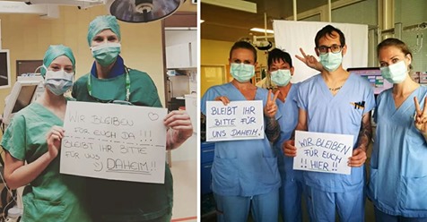 'Bleiben für euch da – Bleibt für uns daheim': Ärzte und Krankenschwestern mit Botschaft aus Kliniken