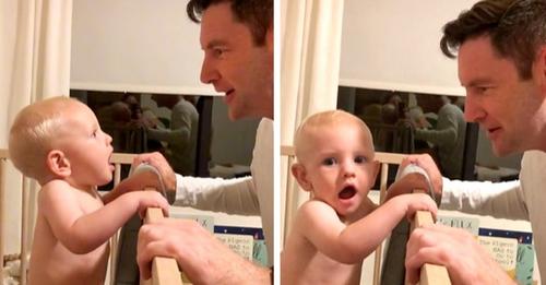 11 Monate alter Junge sieht seinen bartlosen Vater zum ersten Mal und traut seinen Augen nicht